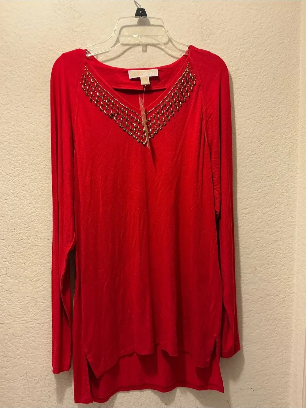 NWT Michael Kors Red Long-Sleeve V-Neck Top with Beaded Trim